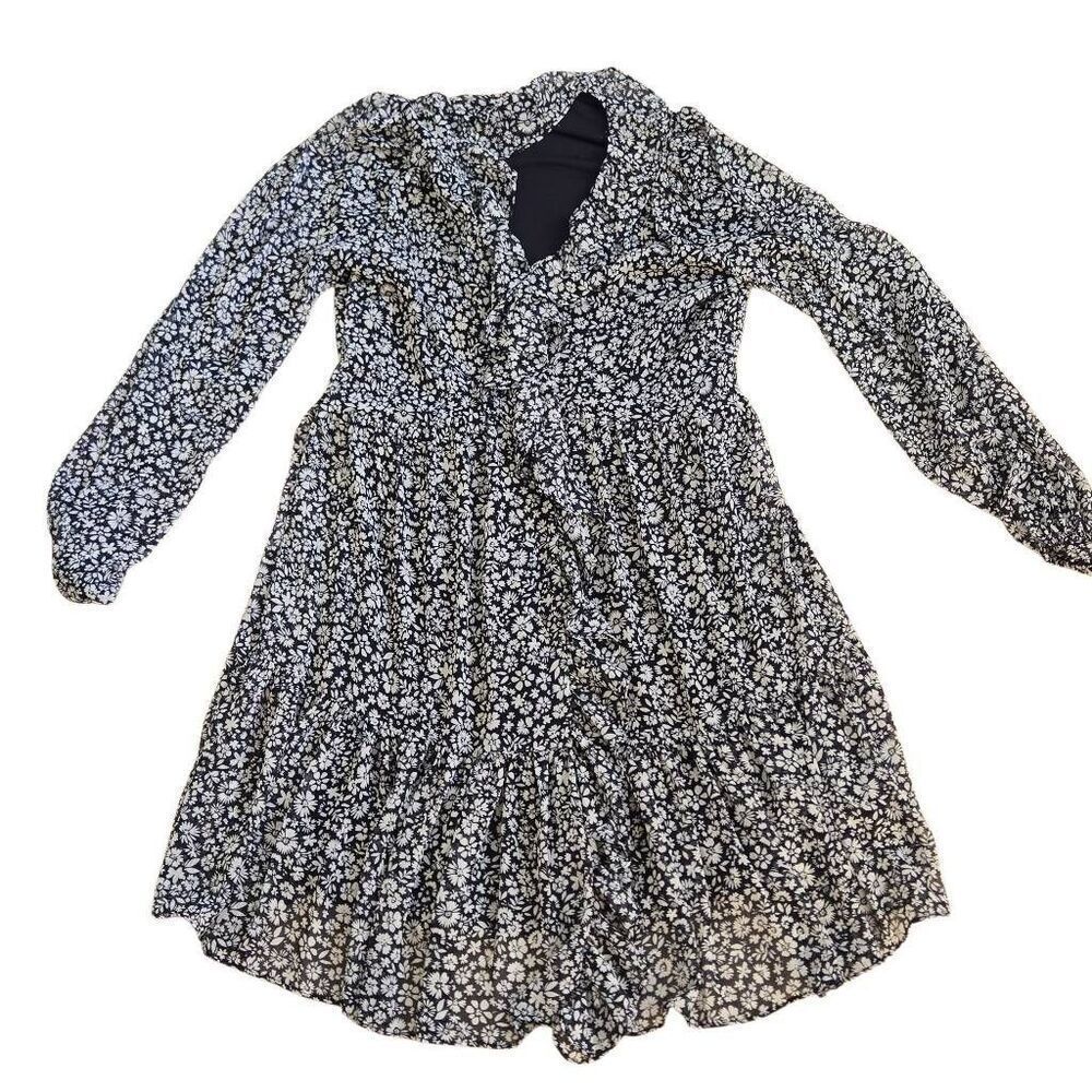 Tommy Hilfiger Womens Floral Ruffle Long Sleeve Chiffon Dress Navy White Size 12 - Picture 3 of 10